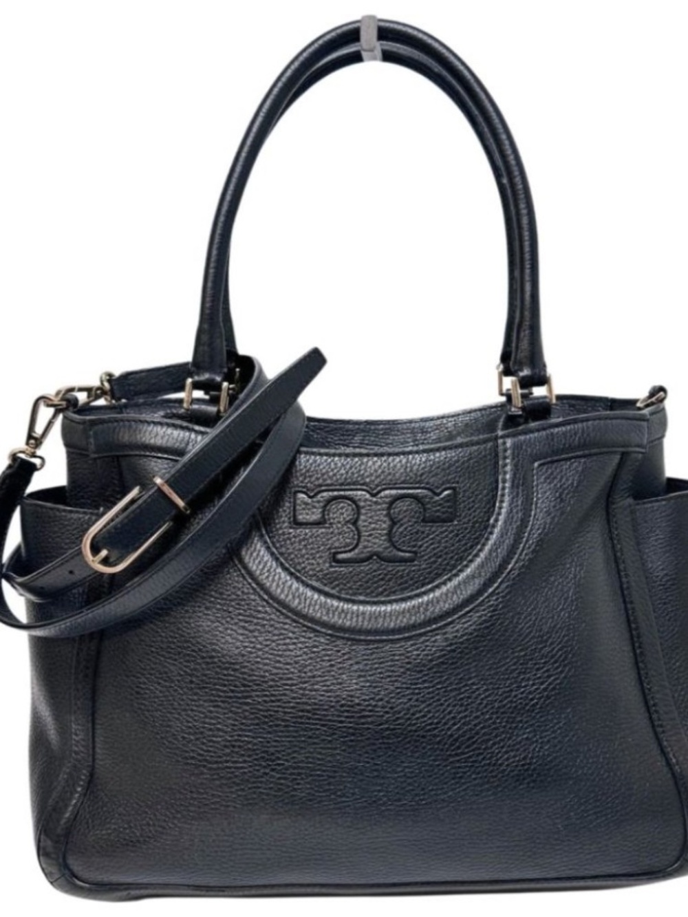 Tory Burch Side Pocket One Zip Pebbled Leather Gold Hardware Satchel Black
